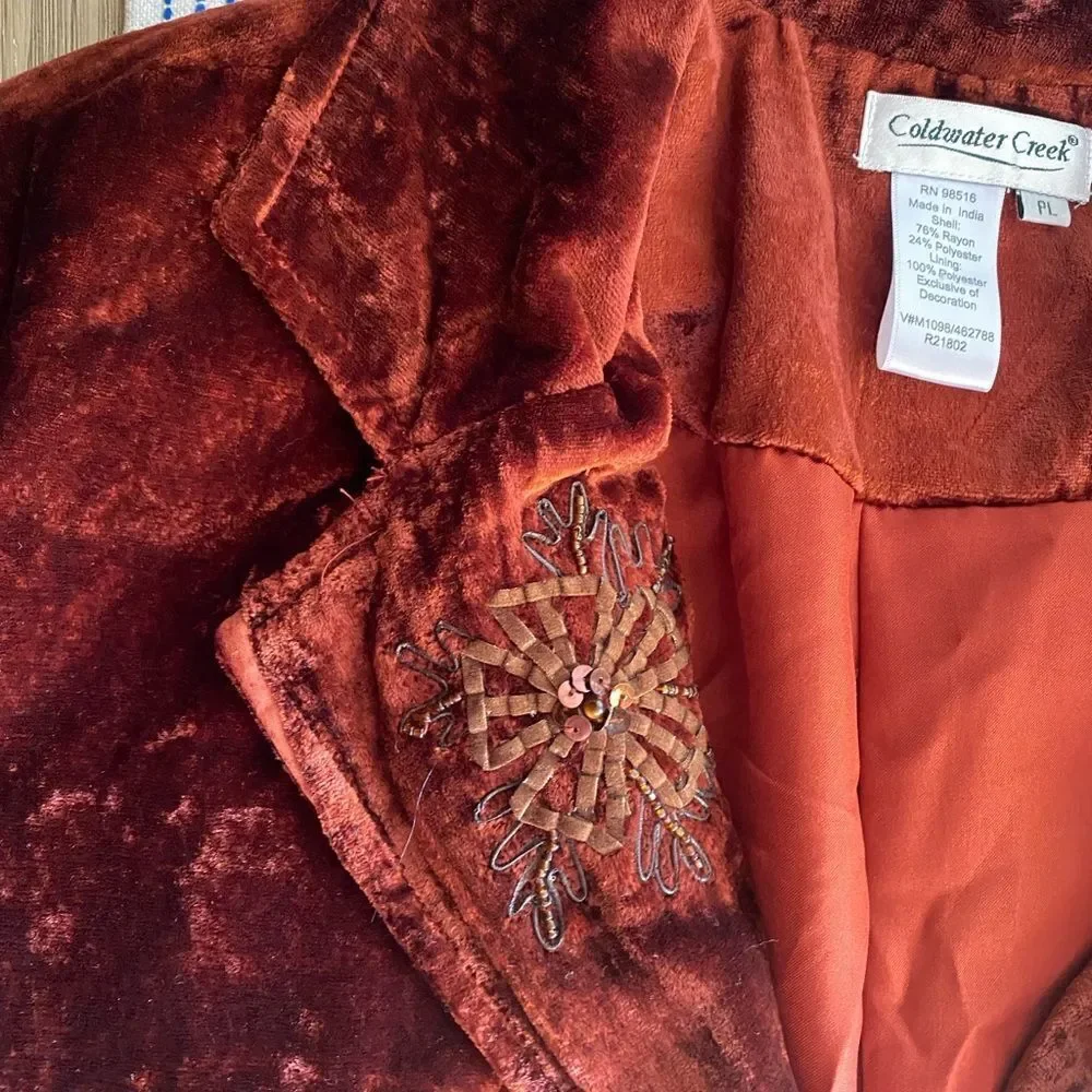 Coldwater Creek Rust Velvet Blazer with Floral Embroidery Boho Sz LP